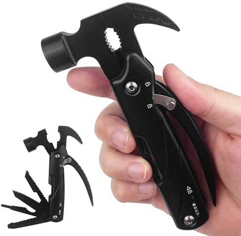 WinGluge 12 in 1 Multitool Hammer, Geschenke für Männer, Papa Geschenk, Werkzeug Gadget, Multitool Camping Zubehör, Camping Zubehör Gadgets, Multifunktionstool Schwarzes für Reparaturen, Wandern