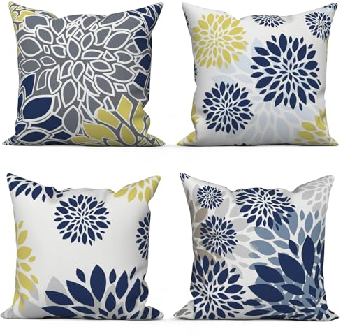 ASDCXZ Blau Kissenbezug 40x40 cm 4er Set, Modern Marineblau Gelb Grau Blumen Muster Sofa Dekokissen Kissenbezüge Kissenhülle Waschbar Polyester Flachs Textil Outdoor Kopfkissenbezug Kissen Bezug