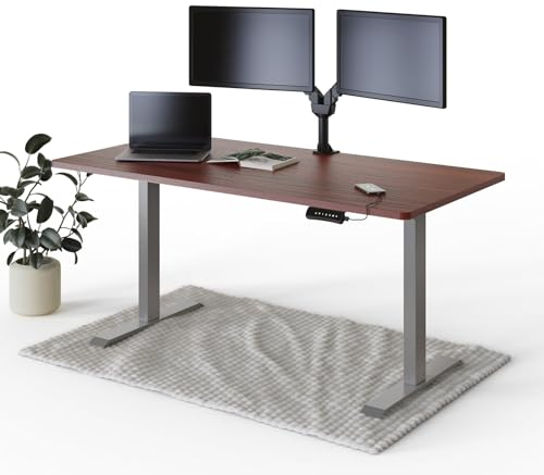 DESKSPACE PRO Elektrisch höhenverstellbarer Schreibtisch -| inklusive Tischplatte, Ergonomischer Stehpult mit Memory Funktion & Kollisionsschutz (Graues Gestell, Mahagoni Tischplatte, 160 x 80 cm)