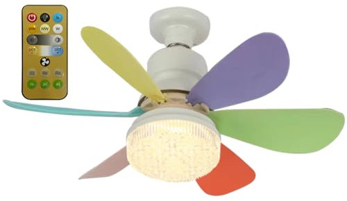 RuiDay Ceiling Fans with Lights and Remote, Socket Fan with LED Light Dimmable, 3 Color 3 Speed Multicolor, Fan Light for Bedroom, Living Room (Transparent Shade+ Rainbow Blades, A- Remite Control)