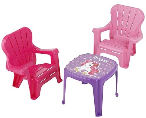 Baroni Toys Set Tavolino e 2Sedie in Plastica per Bambini - Spazio per Merende, Disegni e Giochi, Facile da Pulire e Senza Montaggio, Adatto per Interni ed Esterni, Rosa e Celeste Unicorno