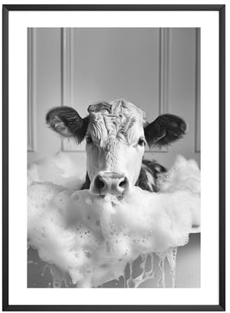 MJ-GRAPHICS® | Badezimmer Deko Bilder - Kuh Badezimmer Deko Bild Schwarz-Weiß | Witzige Wanddekoration für Toilette - lustige Wanddeko - WC Toilette Deko| Din A3 Qualitätsdruck - ohne Rahmen