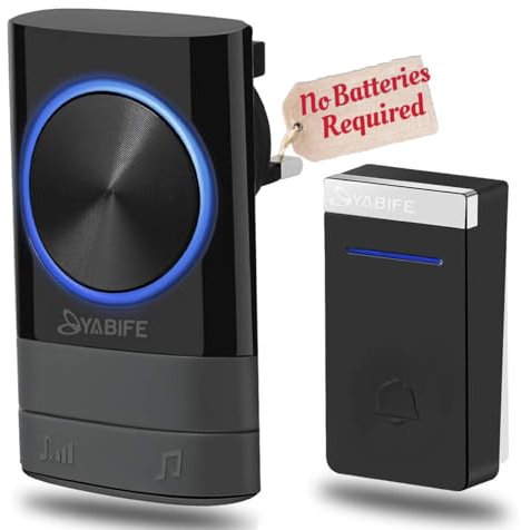 Self-Powered Wireless Doorbell, Cordless Plug in Door Bells, IP44 Waterproof Door Chime Bell, 58 Ringtones, 0-110dB Loud 4 Levels Volume, 500-1003ft Range, No Battery Required Black