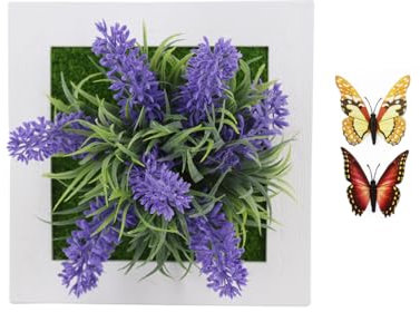 Künstliche Pflanzen zum Aufhängen mit 2 Schmetterlingen für Heimdekoration im Innenbereich, Sukkulenten, künstliche Pflanzen im Rahmen, 3D-Grün, Wandkunst, künstliche Blumen im Kunststoff-Bilderrahmen