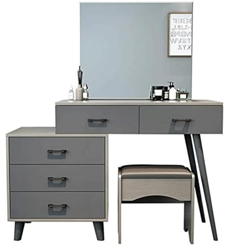 Schminktisch,Nordischer moderner Schminktisch, Schminktisch-Set mit rechteckigem Spiegel, Beistellschrank, gepolstertem Hocker, Frisiertisch für Schlafzimmer (Gris)