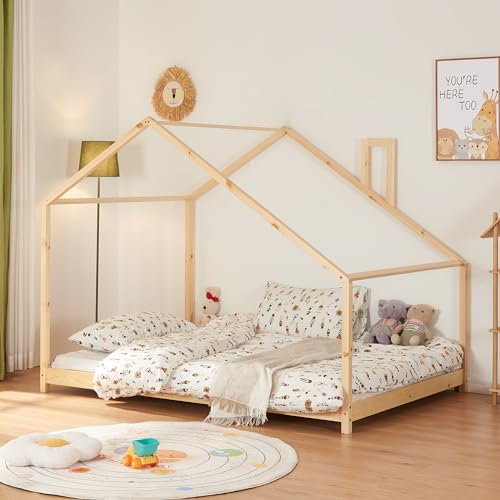 [en.casa] Letto per Cameretta a Forma di Casetta con Comignolo Letto Francese per Bambini Stile Montessori Struttura in Legno di Pino 140 x 200 cm Naturale