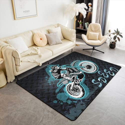 Homewish Dirt Bike Teppich für Kinder Jungen Motocross Motorrad Bereich Teppich 100Bx150L, Extreme Sport Spiele Auto Thema Nicht Verschütten Teppich Schwarz Und Teal