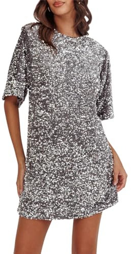 YILEEGOO Damen Pailletten Kleid Casual Lose Sparkly Long T-Shirt Kleid Rücken Tie Up Glitzer Minikleid Party Club Kurzes Kleid, silber, X-Large