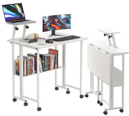 Lvhcmfohm Bureau d'ordinateur Pliable avec Roulette, Table de Bureau Pliante avec Support Amovible de Surélévation, Adapté à la Chambre à Coucher, au Bureaux (Blanc, 80x58x75cm)