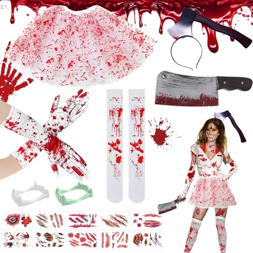 Sunshine smile Karneval Blut Kostüm Damen Set,Tutu-Röcken und Strümpfen Blutbefleckten,Damen Halloween Kostüm,Messer-Stirnband,Machete,Handschuhen,Tattoo-Aufklebern,Blutiger Tüllrock für Erwachsene
