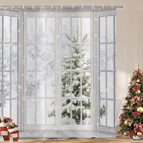 ASDCXZ Weihnachten Duschvorhang 180x200 cm, 3D Glitter Fensteransicht Schneeszene Weihnachtsbaum Waschbar Bad Duschvorhänge Polyester Textil Wasserdicht Duschvorhang für Badewanne mit 12 Haken