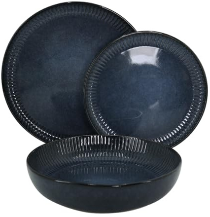 WeHome - Servizio piatto 6 Persone, Set 18 Pezzi, Piatti Colorati Ceramica Modello Erika, Moderni 3 Misure, Lavabile In Lavastoviglie, Compatibile Con Forno A Microonde (Blu)