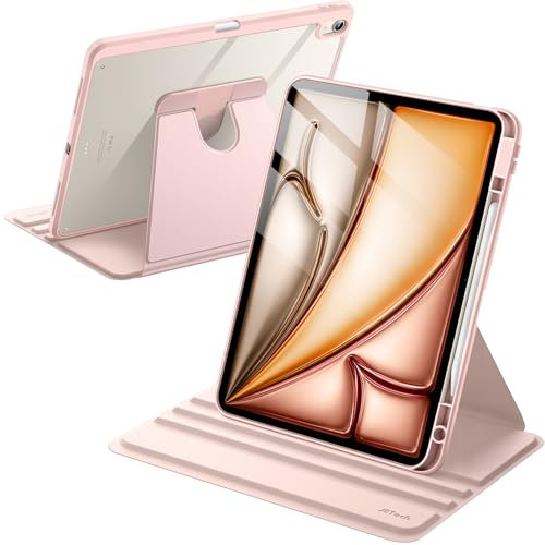 JETech Custodia Rotante per iPad Air 13 Pollici M3/M2 (2025/2024) con Portapenne, 360 Rotazione dei Gradi Protettiva Supporto Cover Trasparente Retro (Rosa Sabbia)