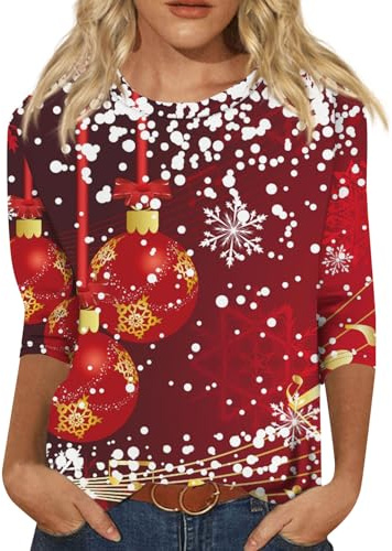 Weihnachts Shirt Damen Rundhals 3/4 Arm Tshirt | Weihnachts 3/4 Ärmel Oversized T Shirt Arbeits Cute T-Shirts Rundhals Weihnachtsmann Weihnachtsshirt