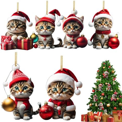 6st Weihnachtskugeln Katze - Christbaumschmuck Katze - Weihnachtsbaumschmuck Tiere Lustig 2D-Tierornamente Für Weihnachtsbaum, Wand, Tür, Autorückspiegel, Rucksackdekoration Katze Besondere 8X5 cm