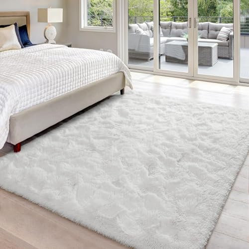 HOKXUAN Teppich Wohnzimmer Hochflor 90 x 60 cm Extra Weich, Pflegeleicht Modern Langflor Shaggy Bettvorleger Modernes Einfarbiges Design Fürs Wohnzimmer, Schlafzimmer, Weiß