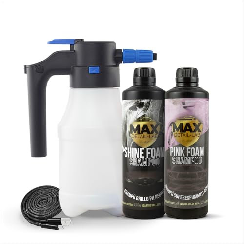 MAX DETAIL-LAB - E-Foam Pack - Kit Nettoyage Voiture Shampoing Pulvérisateur à Batterie Haute Pression, Mousse Active Snow Foam Cherry Rose, Produit Detailing Extérieur Carrosserie Professionnel Auto