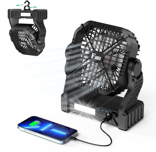 Qoosea Camping Ventilador Luz LED Portátil Camping Fan USB 8000mah Carpa Recargable Ventilador de Mesa Ventiladores de Techo con Gancho luz de Clase 3 de 4 Velocidades al Aire Libre Camió