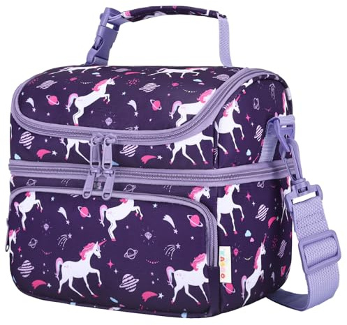 Kasgo Bolsa Termica Infantil, 7.5L Grande Lancheira Termica Niños de Dos Compartimentos para Niño Niños Bolsa Isotermica Porta Alimentos para Trabajo Escuela Picnics Unicornio Morado