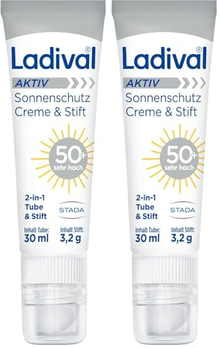 Ladival Aktiv Sonnenschutz Creme & Stift LSF 50+ - Sonnencreme für Gesicht und Lippen, praktische Kombipackung, ideal für Reisen, für normale und empfindliche Haut, wasserfest, 30ml & 3,2g