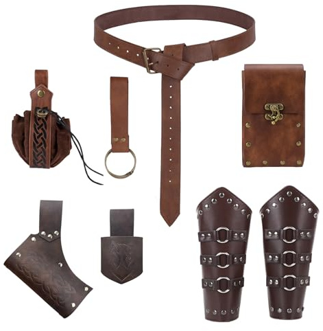 WanderGo 8 Stück Renaissance Belt Costume Mittelalter Gürtel Wikinger Gürtel Mittelalter Zubehör Set mit Gürteltasche,Schwert Halter, Armschützer, Beutel, Ideal für Cosplay Festival Karneval