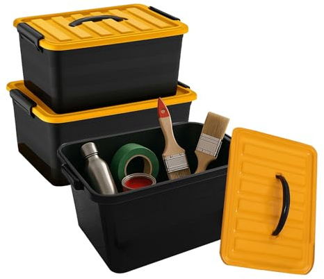 BH | 3 Pcs Tool Box Set | 16L + 10L + 6L | Stackable | Multi-Purpose | Plastic Storage Box with Yellow Lids | Durable Nestable Boxes Organizing for Home, Garden, Tool, Garage, Outdoor - by BEST HOUSE