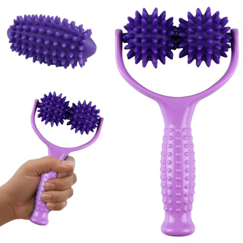 Massageroller mit Griff, Auswechselbare Selbstmassagerolle mit 3 Igelbällen – Für Beine, Füße, Rücken, Arme, Schultern und Muskelschmerzen, Massagegerät mit Fascia-Ball und Fußmassage-Funktion (Lila)