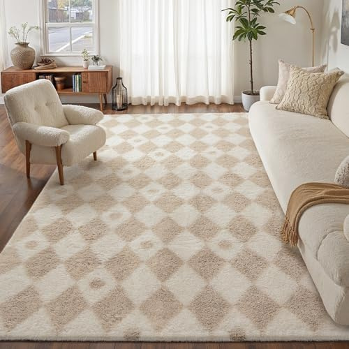 HUGEAR Kariert Flauschig Teppich Wohnzimmer 200x300cm Beige Weiß Shaggy Carpet