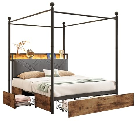 Azkoeesy Polsterbett 140x190 cm, mit LED-Beleuchtung, mit 4 Stauraum-Schubladen, Himmelbett mit abnehmbarem Verdeck, Steckdose und USB von Polster-Kopfteil, Doppelbett, Jugendbett, Braun