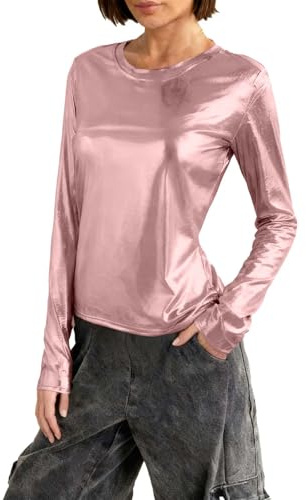 Dyhxuan Damen Metallic T-Shirt Basic Langarmshirt Slim Fit Rundhals Oberteile Festliche Party Outfits Glänzend Tops Glitzer Pullover Shirt Disco Club Kleidung