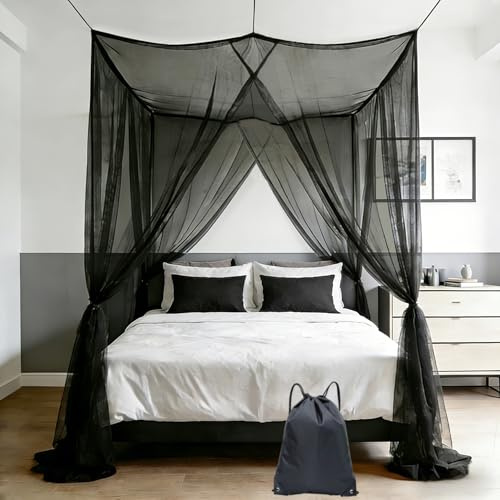 Moustiquaire pour lit simple et double - Ciel de lit noir avec 4 coins (190 x 210 x 240 cm), avec kit de suspension et sac de transport, 4 ouvertures, moustiquaire en maille fine pour chambre à