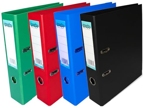 Booghe A4 Lever Arch File with Protector – Single, 4 or 10 Pack – Black, Red, Blue, Green, Turquoise, Fuchsia – Heavy Duty Office Filing & School Binders (4, Assorted)