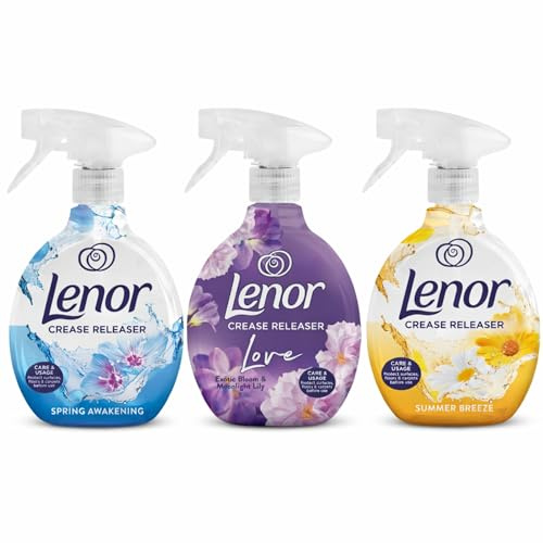 Lenor Crease Releaser Spray 500ml 3 Pack – Fabric Wrinkle Remover & Clothes Freshener, No Iron Spray for Clothes, Spring Awakening, Exotic Bloom & Summer Breeze