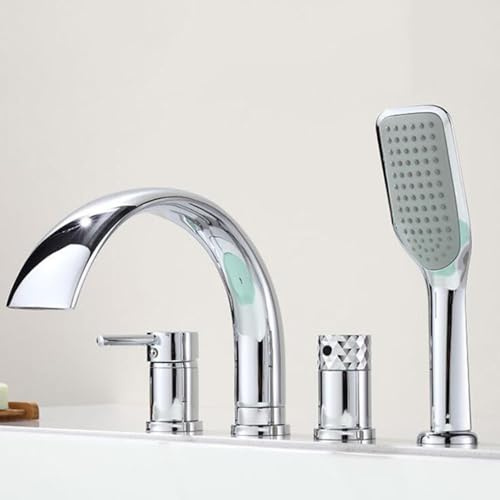 Grifo Bañera Cascada Grifo para Bañera 4 Agujeros Con Ducha de Mano Agua Fría y Caliente Latón-Cromado