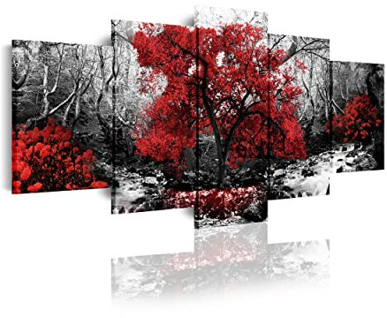 DekoArte 267 - Impression Sur Toile Moderne D'Images Artistiques | Toile Décorative Pour Votre Salon Ou Votre Chambre | Style Paysage Noir et Blanc avec Des Arbres Rouges Nature | 5 Pièces 200 x 100cm
