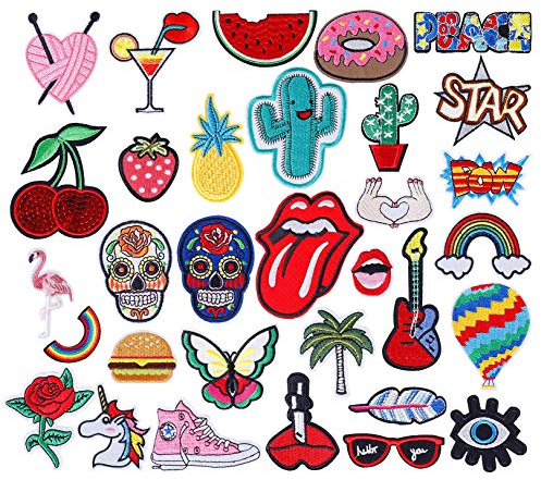 Patches zum aufbügeln 32 Stück Patch Sticker DIY Niedlich Aufkleber Patch Stickerei, Assorted Kleidung Patches Aufkleber Sommer-Thema für T-Shirt Jeans Kleidung Taschen