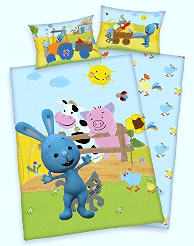 Arle-Living 3 TLG. Baby Bettwäsche Set mit Wende Motiv: Kikaninchen Bauernhof - Renforcé 100x135 cm + 40x60 cm + 1 Spannbettlaken 70x140 cm (mit Laken: bleu)