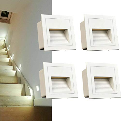 Arotelicht 4Pcs Applique LED da incasso per scale, 3W Bianco Freddo 6000K IP65, Segnapasso LED, Luce scale da incasso 230V, per Interno esterno scale giardino viale gradini, Alluminio Bianco