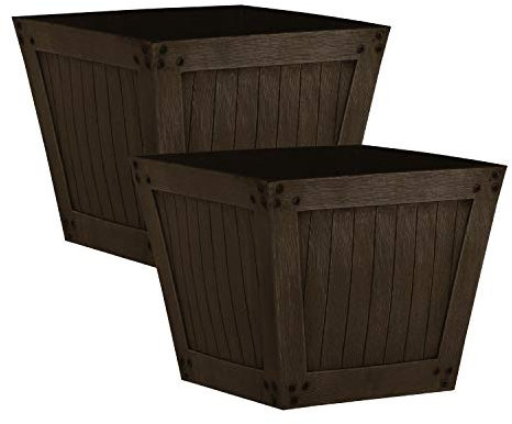 Slatted Wood Style Plastic Planter - Dark Brown, Set of 2 - Suitable for Indoor or Outdoor Use - 34cm (H) x 40cm (Dia)