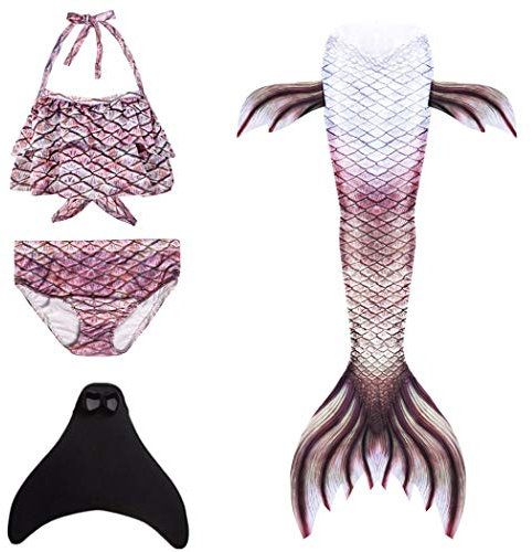 DNFUN meerjungfrauenflosse mädchen Meerjungfrauenschwanz mit Meerjungfrau Flosse für Schwimmen für Kinder, 4pcs,Schwarze Flosse,GB06-bk,140