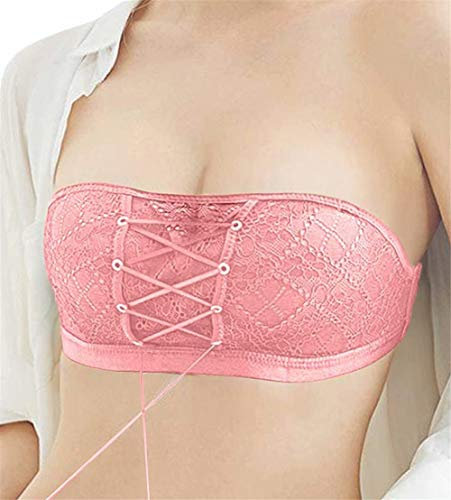 ASKSA Soutien-gorge en dentelle pour femme - Bandeau en dentelle invisible avec cordon de serrage - Soutien-gorge push-up - Dos nu - Sans anneau en acier - Différents types de port - Rose - 85 cm
