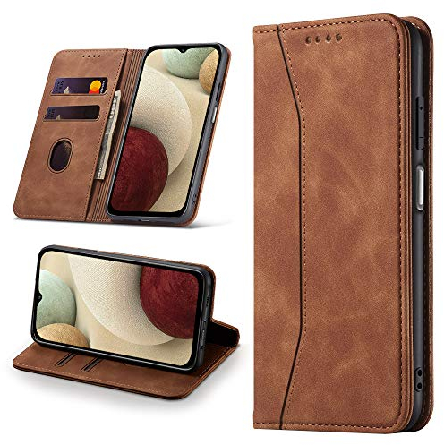 Leaisan Handyhülle für Samsung Galaxy A12 Hülle Premium Leder Flip Klappbare Stoßfeste Magnetische [Standfunktion] [Kartenfächern] Schutzhülle für Samsung Galaxy A12 Tasche - Braun