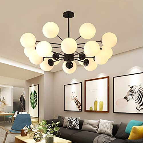 Lustre suspension Grand E27 intérieur Pendentif en verre moderne verre Lumière Blanc Magic Haricots abat-jour Salle à manger Chambre à coucher Salon Salon Bureau Café Plafond Éclairage,Noir,16 heads