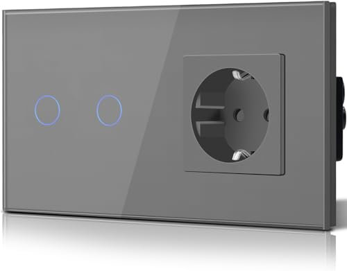 BSEED – Interrupteur tactile mural en verre avec prise Schuko CEE 16 A encastrée, interrupteur 2 voies 1 voie plat, moderne, étanche, gris