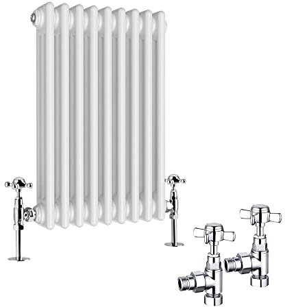 NRG Traditional Radiator 600 x 425mm Horizontal Cast Iron Radiators Central Heating Gloss White Triple Column with Angled Pair of Valves