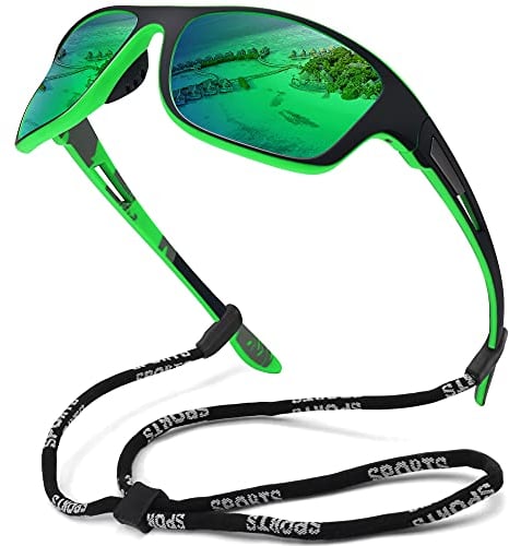 MEETSUN Polarisierte Sport-Sonnenbrille für Herren Damen Angeln Radfahren Baseball Laufen und Fahren UV400-Schutz Schwarzer Rahmen-Grünes Spiegelglas