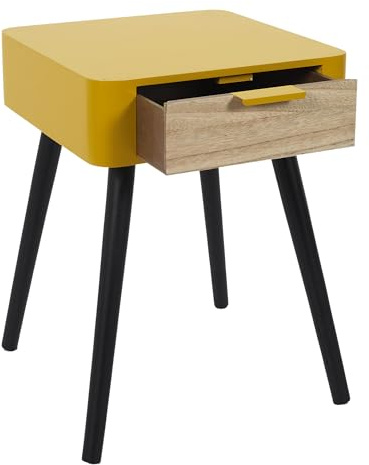 HOME DECO FACTORY Truhe Holztruhe Vintage-Stil Schatztruhe Braun | Nachttisch aus Holzwerkstoff, 1 Schublade, Schlafzimmer, modernes Design, kompakt, 35 x 48 x 40 cm, senfgelb und schwarz