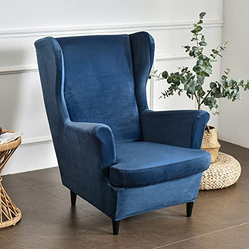 Highdi 2-Teilig Ohrensessel Bezug für Stradmon Stuhl, Stretch Luxus Samt Sesselüberwürfe, Elastisch Sesselhusse mit Armlehne für Ohrensessel, Relaxsessel, Fernsehsessel (Dunkelblau)