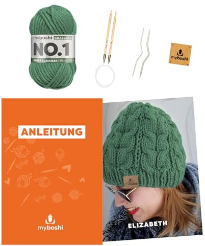 myboshi Strickset Mütze Elizabeth für Fortgeschrittene, inkl. No.1 Wolle, Nadeln, Anleitung, Label, Strickpaket, 70% Polyacryl, 30% Wolle (Merinowolle) Grün mit Rundstricknadel