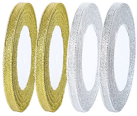 Allazone Glitzer Metallic Bnder, 22 Meters jede Rolle, Geschenkband fr Geschenke Verpackung Dekorationen (Gold und Silber, 0,6cm)
